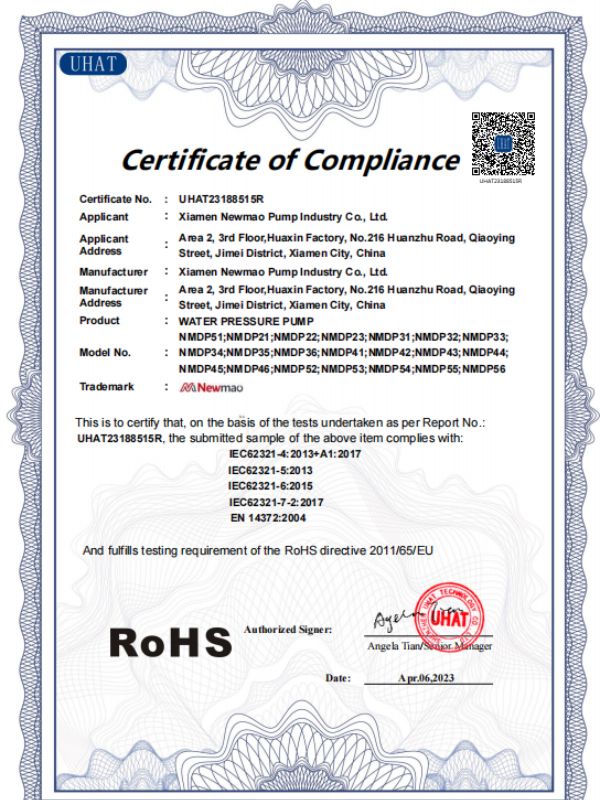 pompe à membrane certification ROHS