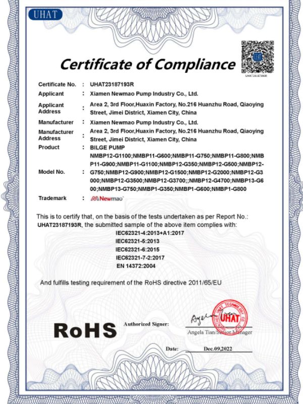 pompe de cale certification ROHS